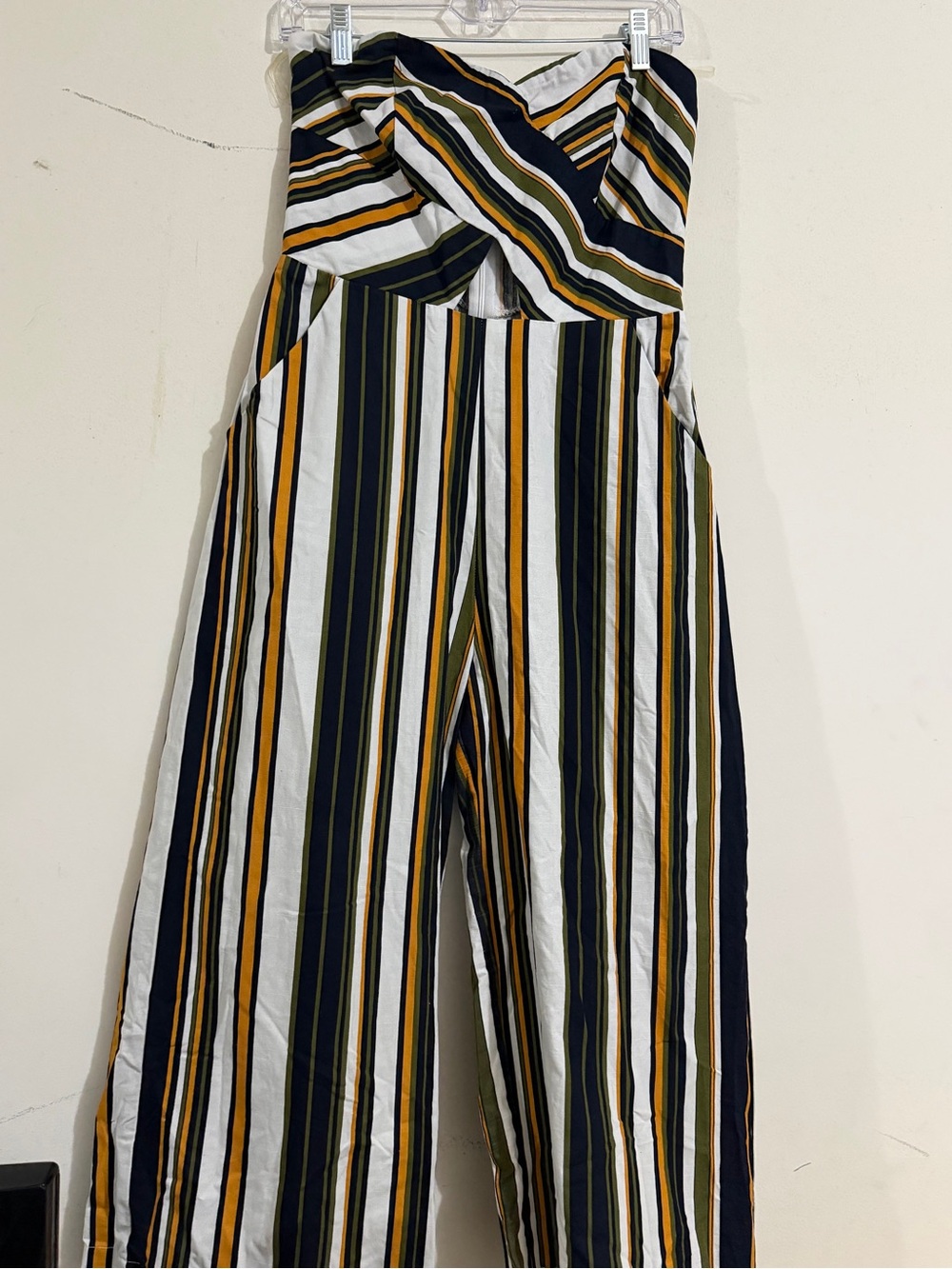 ELF Strapless Wide-Leg Striped Jumpsuit in Navy, White & Mustard